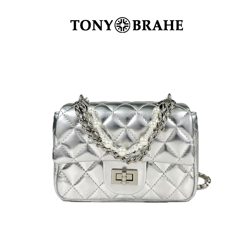 『珠光银』高级质感时尚流行珍珠链条方胖子包包