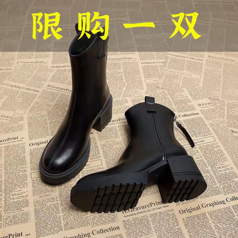 百丽纯爱厚底粗跟短靴女马丁靴2023秋冬新款韩版百搭奶茶色高跟