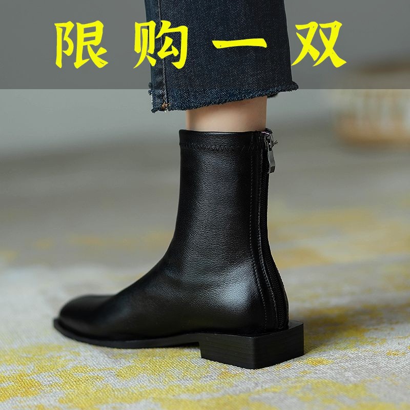 百丽纯爱秋季2023新款黑色方跟短靴女百搭及踝靴方头软皮平底瘦