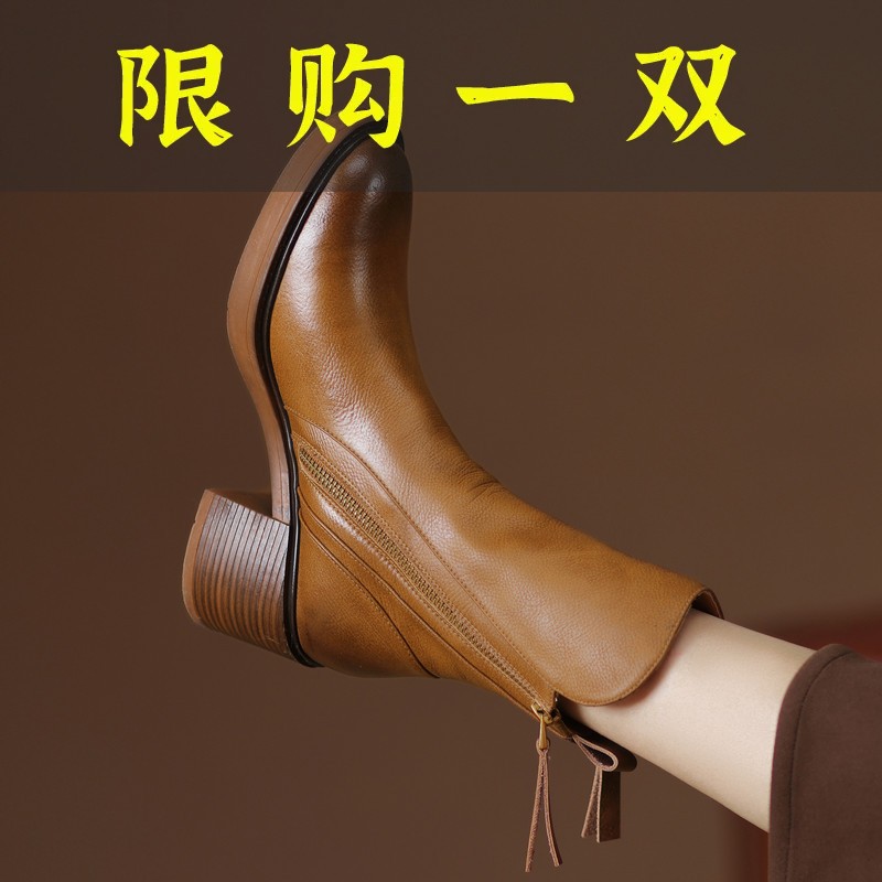 百丽纯爱洋里洋气~英伦风双拉链厚底马丁靴女棕色粗跟切尔西靴
