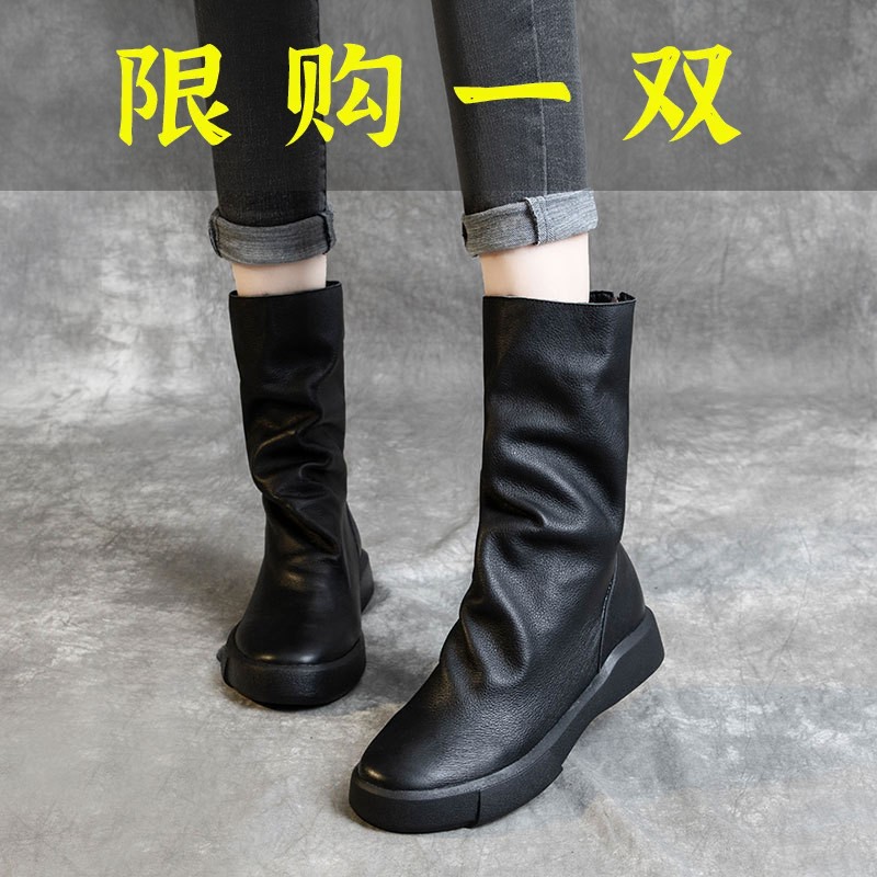 百丽纯爱靴子女2023新款马丁靴复古女鞋后拉链圆头中筒倒靴皮