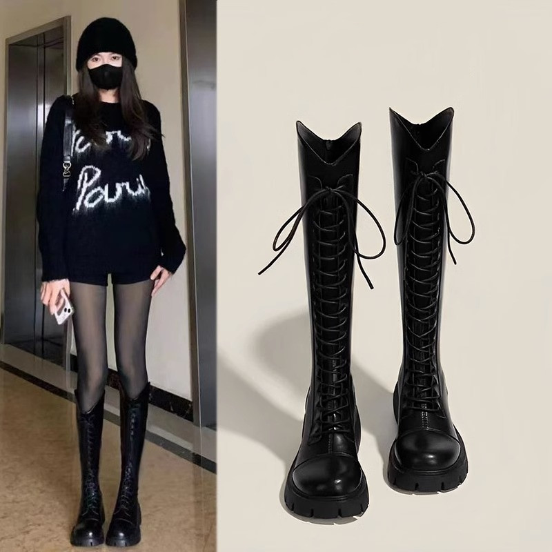 百丽纯爱v口长筒靴女2023新款秋冬马丁靴厚底小个子显瘦高筒骑士
