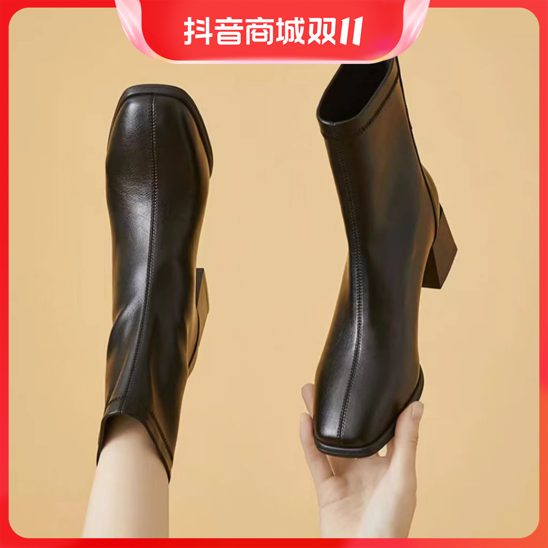百丽纯爱真皮瘦瘦靴方头高跟短靴女冬季新款英伦防滑加绒马丁靴女
