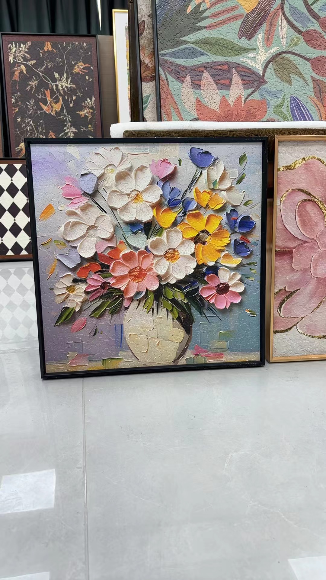 瓶中花肌理板画奶油风餐厅卧室茶室客厅走廊玄关方形装饰壁画