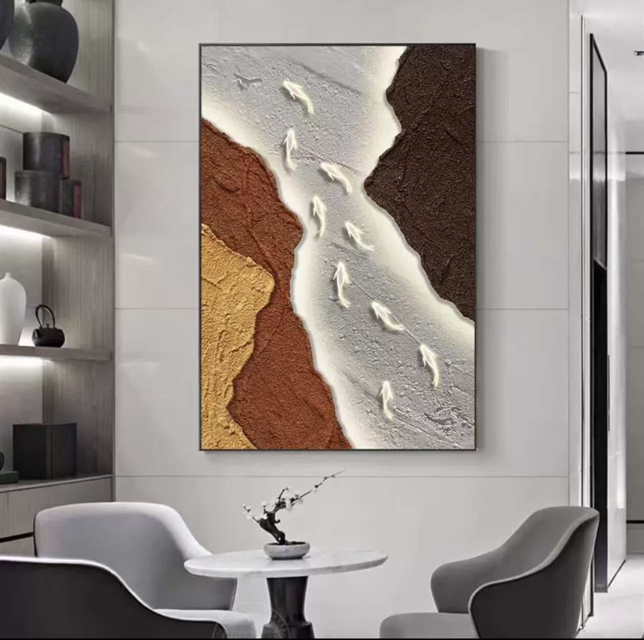 九鱼图创意个性玄关装饰画走廊尽头大幅沙发落地肌理板画