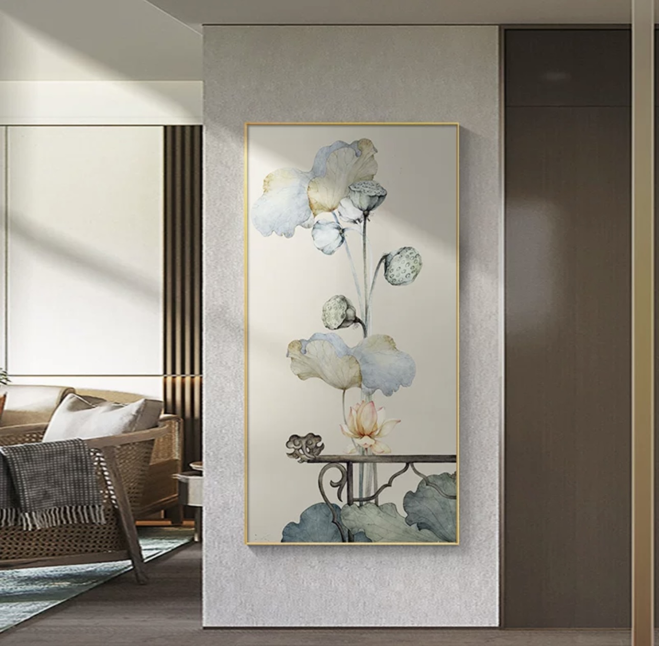 荷花新中式个性玄关装饰画走廊尽头大幅沙发落地肌理板画