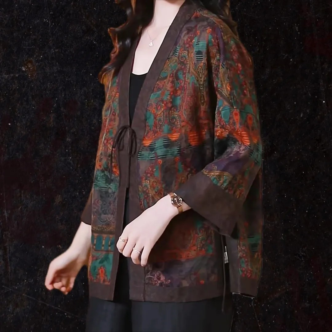 高定【敦煌壁画太太服】 100%桑蚕丝香云纱艺术上衣绢纺开衫dz069
