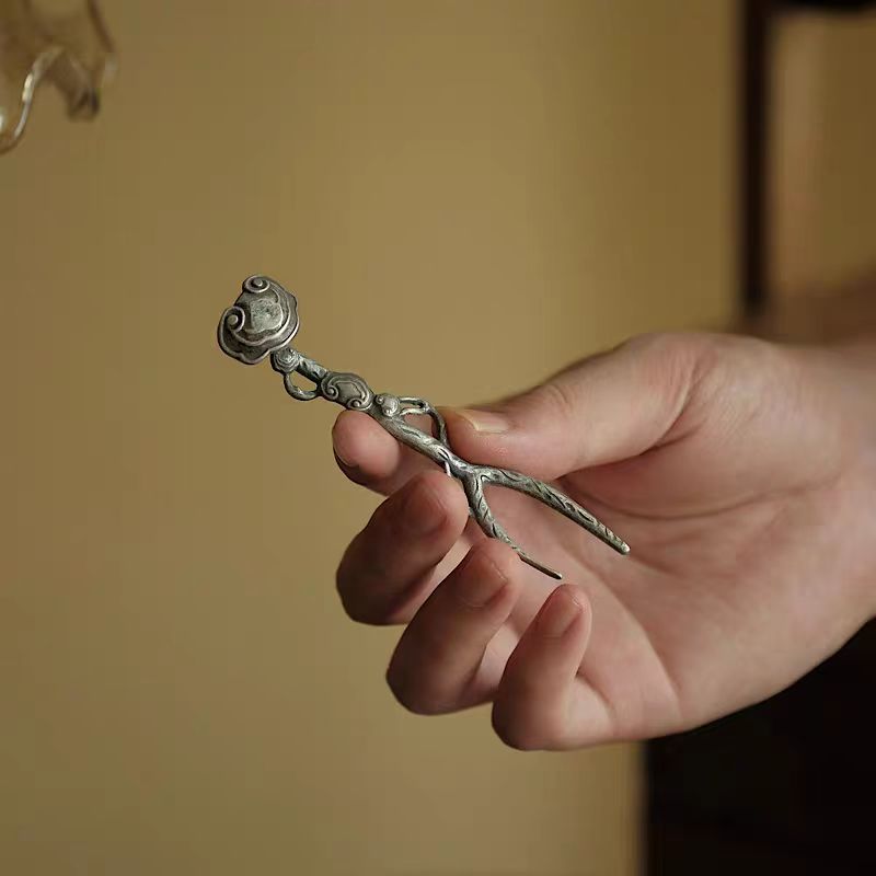 半斋 镀银半锡点铜灵芝壶叉壶盖挑铸造中式功夫茶具配件茶道零配