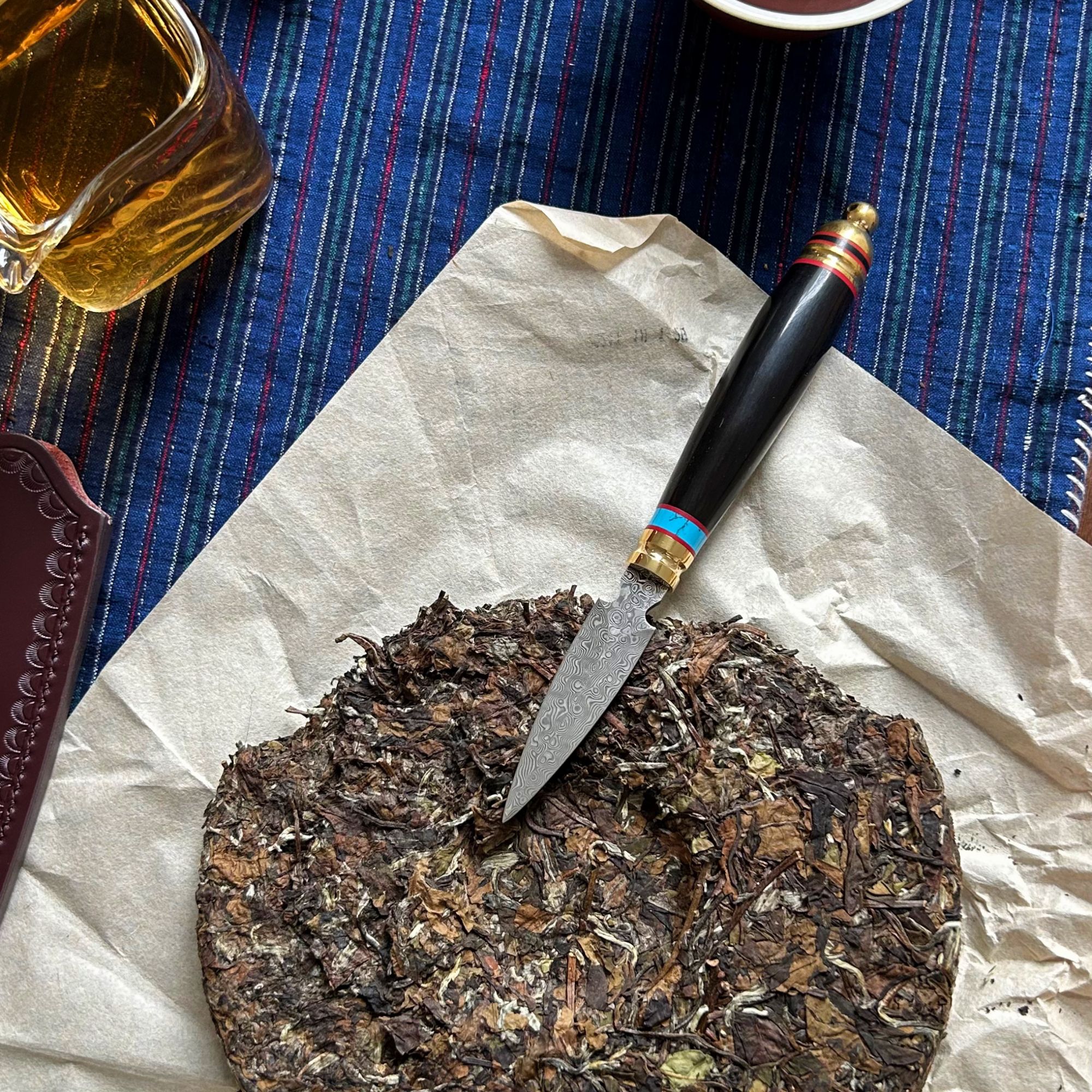 紫光檀实木手工大马士革花纹钢茶刀茶针茶锥铜普洱开茶刀茶具配件