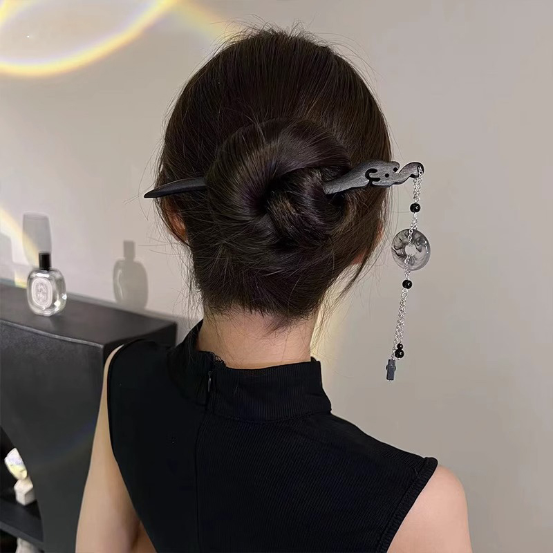古风书法平安扣流苏发簪女高级感盘发木簪汉服旗袍发钗簪子发饰品