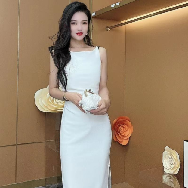2024新款女百搭高级感法式收腰气质显瘦包臀性感无袖连衣裙90099