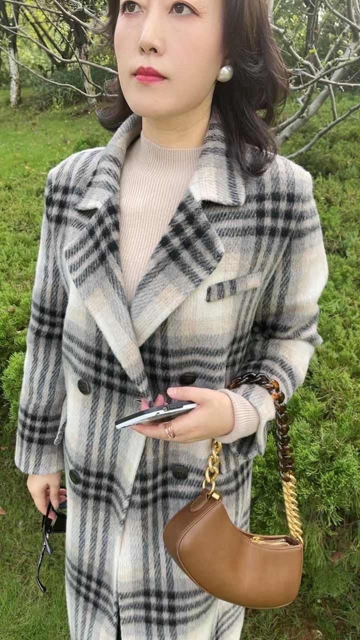 韩版2023年秋冬新款双面绵羊毛气质格子大衣
