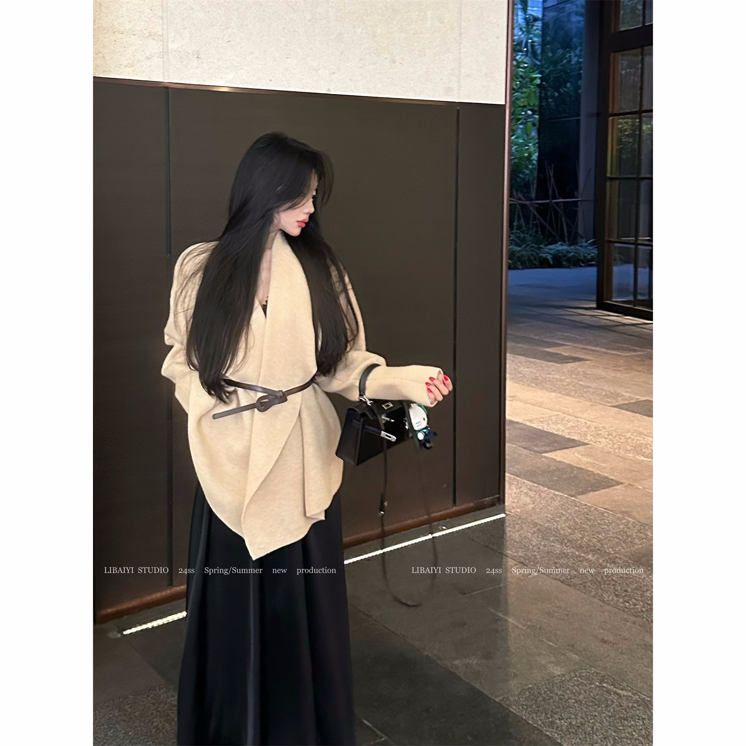 LIBAIYI  高克重 wan美廓形/秋冬翻领腰带休闲开衫毛衣外套1282