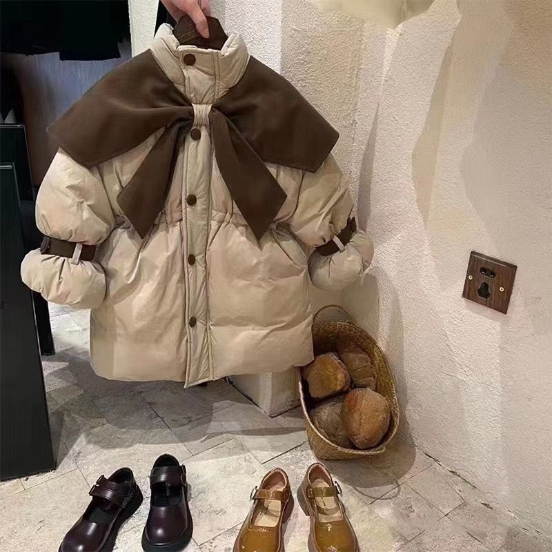 女童羽绒服洋气蝴蝶结披肩设计中大童保暖加厚中长款韩版时尚洋气
