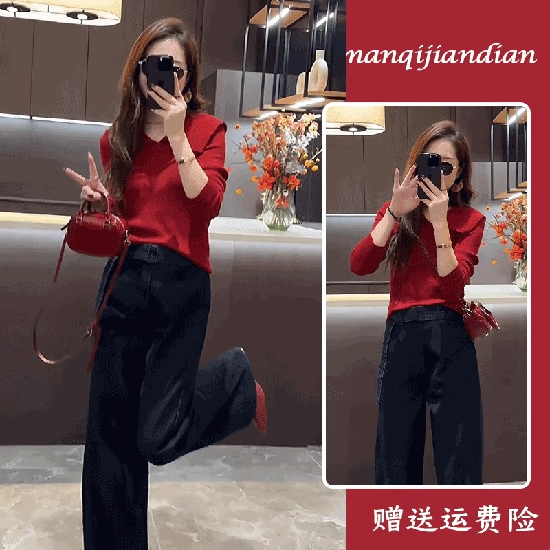 韩系高级感穿搭套装娃娃领设计感绝美针织衫阔腿牛仔裤减龄两件套