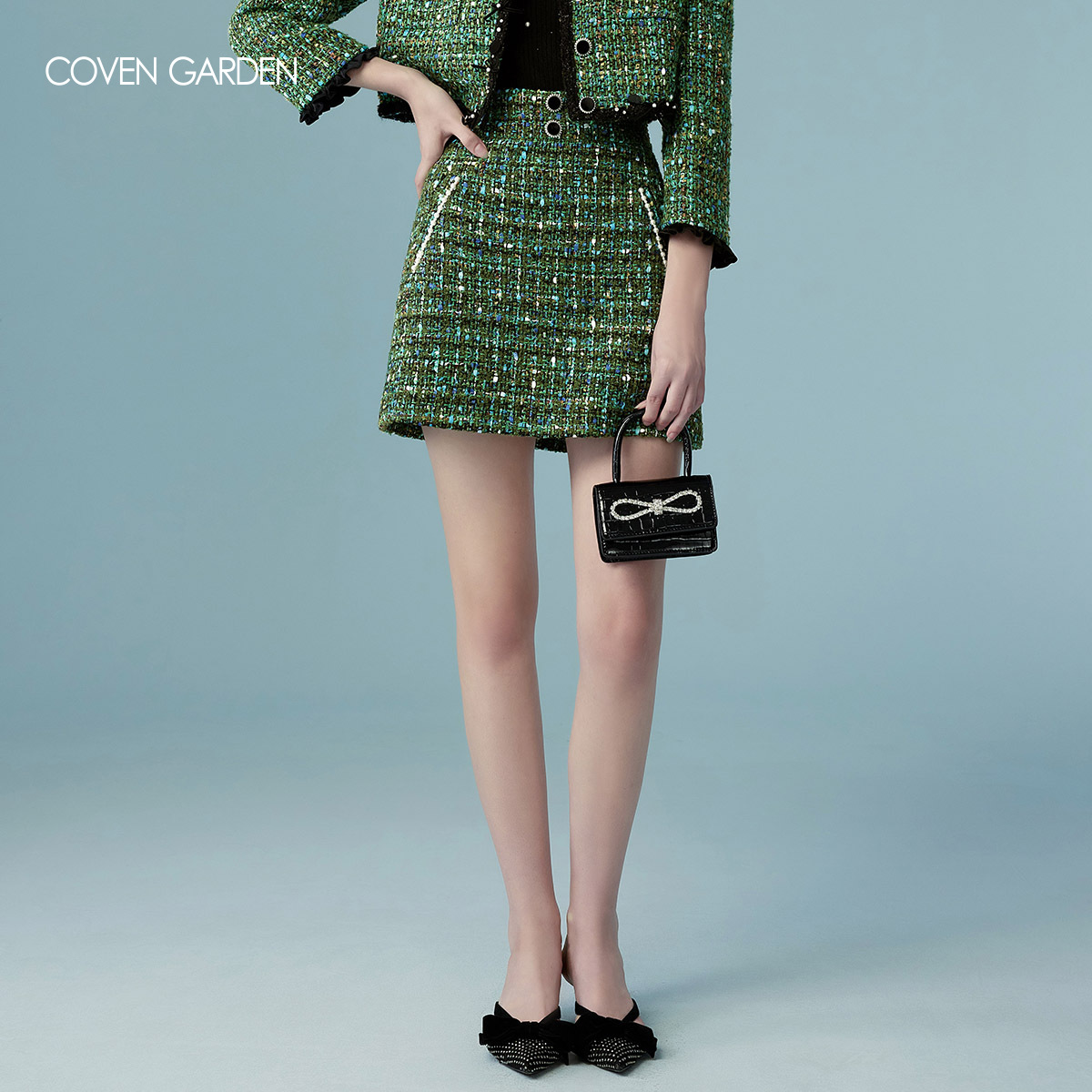 哥文花园 绿色时尚羊毛呢a字半身裙 CLC1071718 COVEN GARDEN