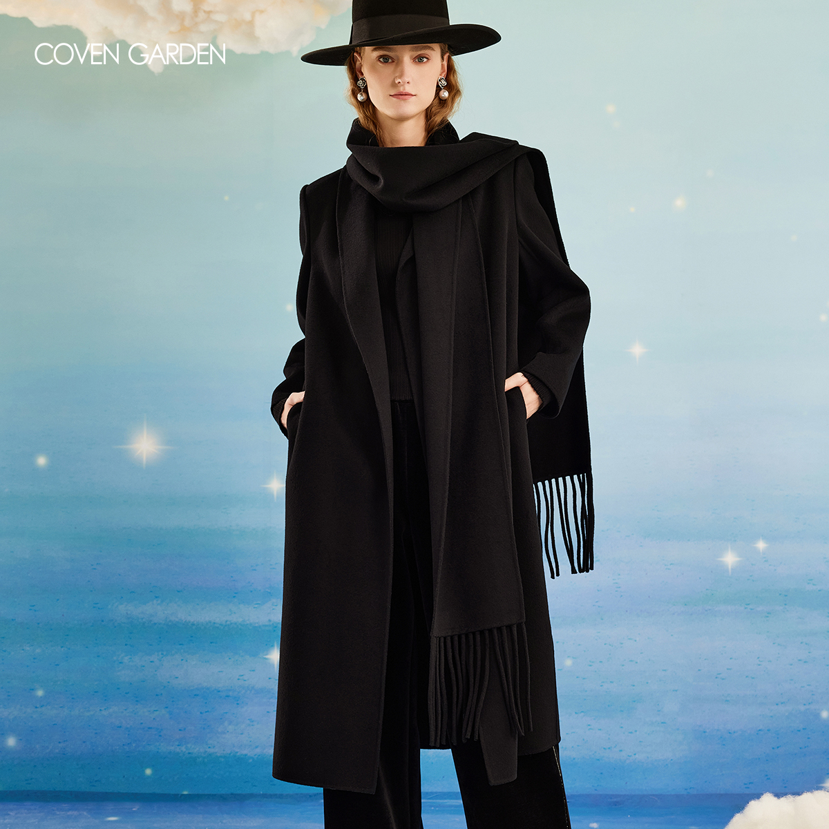 哥文花园 经典黑色翻领时髦百搭高级显瘦外套大衣 CLA4341580