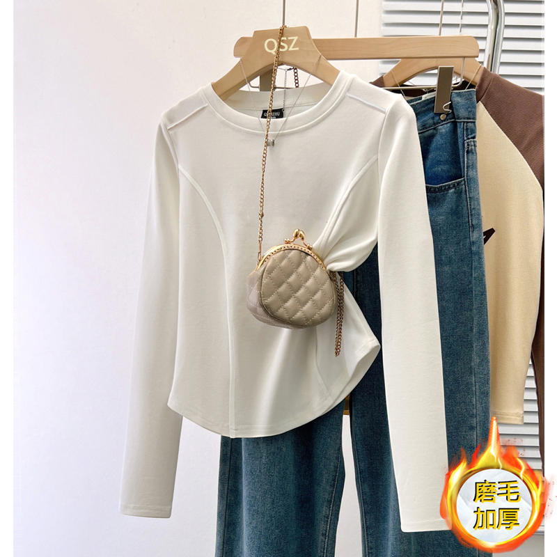 8908#鱼骨圆领白色磨毛长袖T恤女修身纯色正肩加厚打底衫体恤上衣
