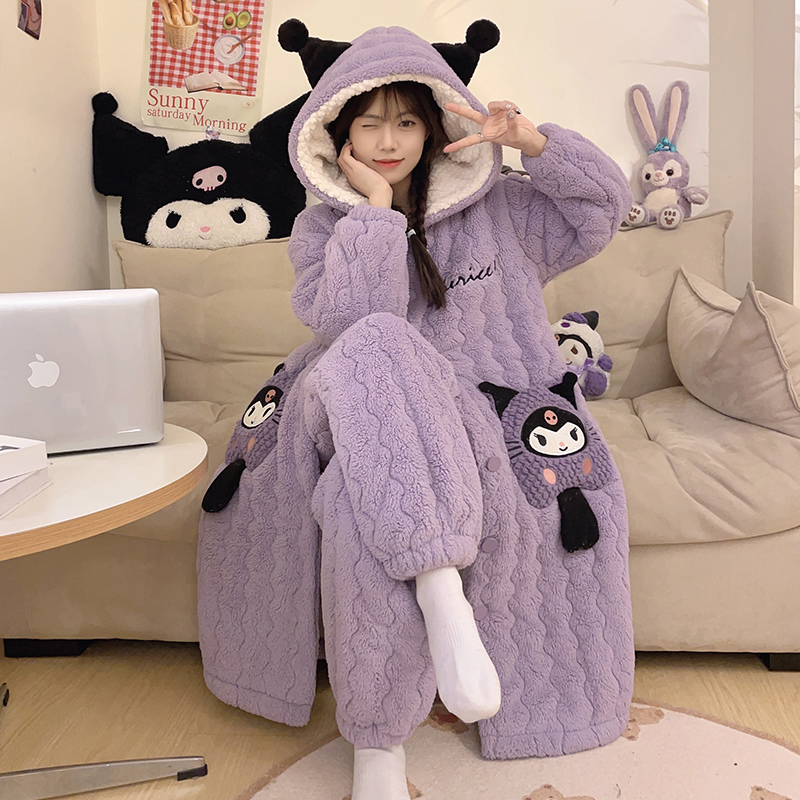 睡袍珊瑚绒夹棉冬季新款三层加绒加厚中长款法兰绒可爱库洛米套装