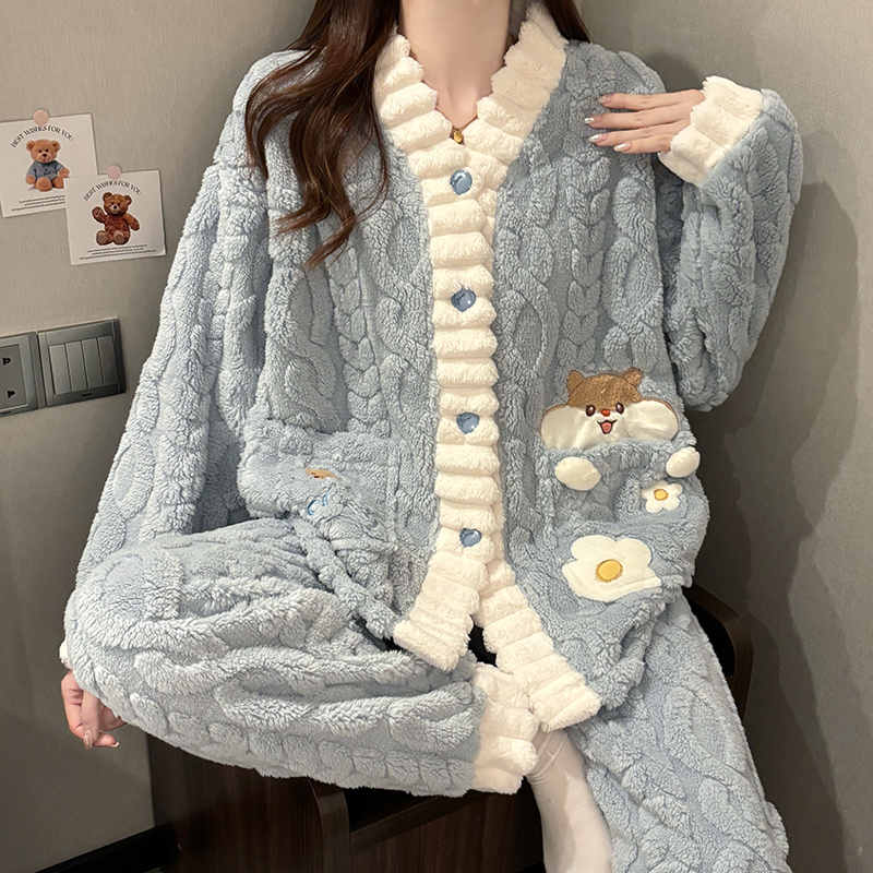 珊瑚绒睡衣女秋冬季新款法兰绒加绒加厚开衫可爱家居服套装可外穿