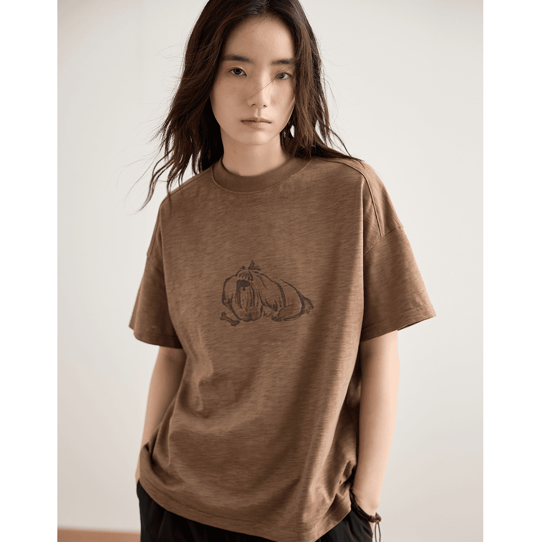 章鱼家【复古圆领】小版型短袖上衣夏季小高领印花宽松T恤女octopus