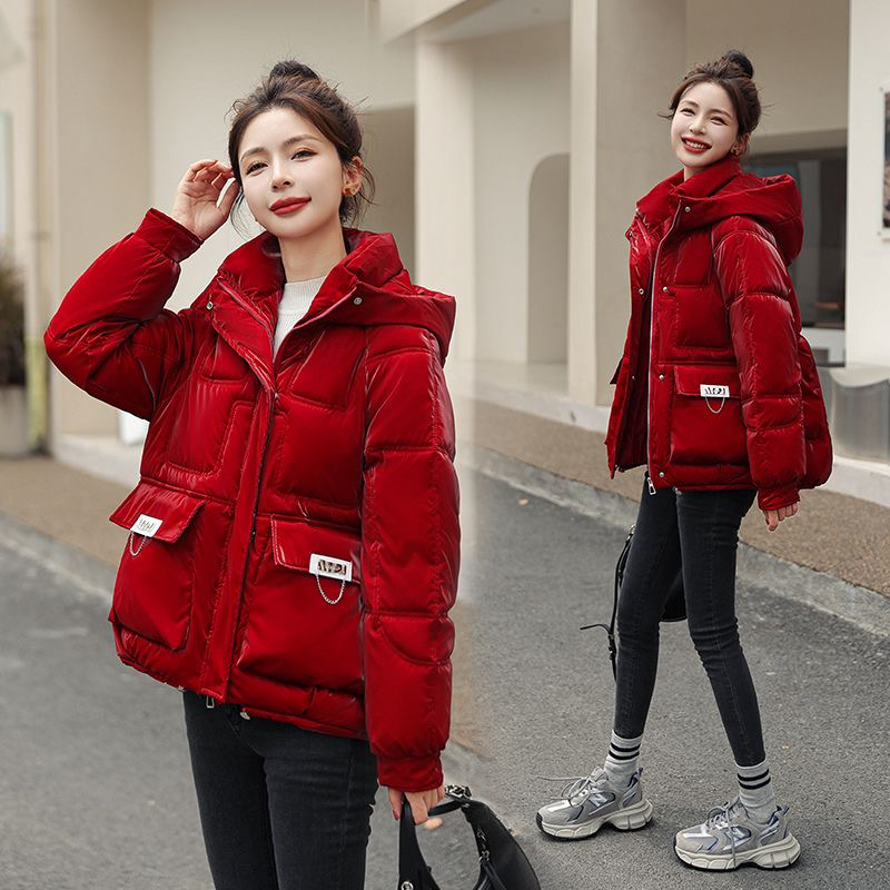 亮面免洗小个子连帽棉衣服女冬装新短厚款防寒韩版加厚棉袄外套潮