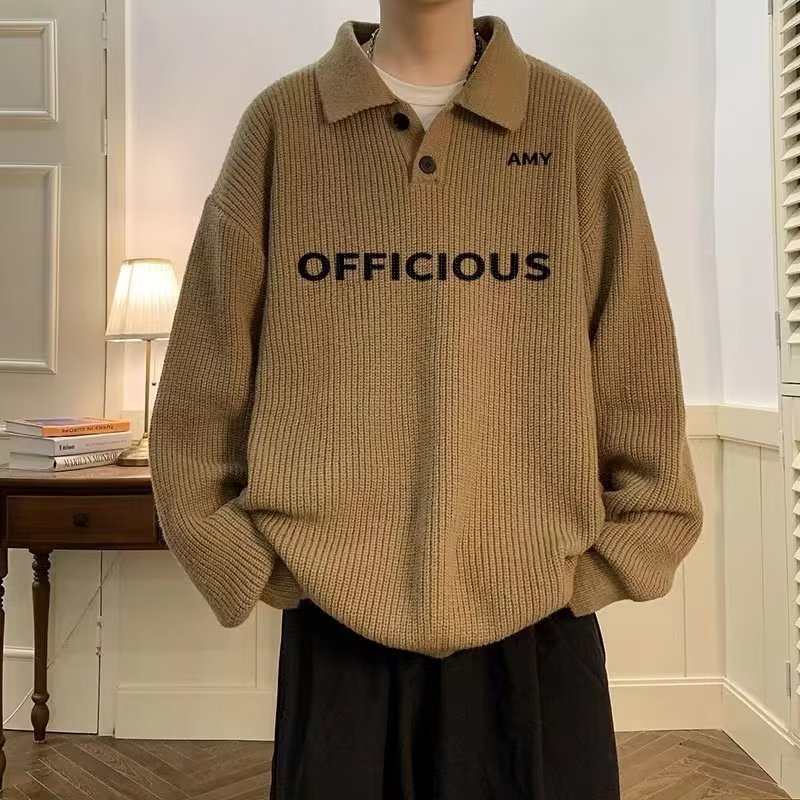 慵懒风长袖Polo领毛衣男美式复古内搭针织衫冬