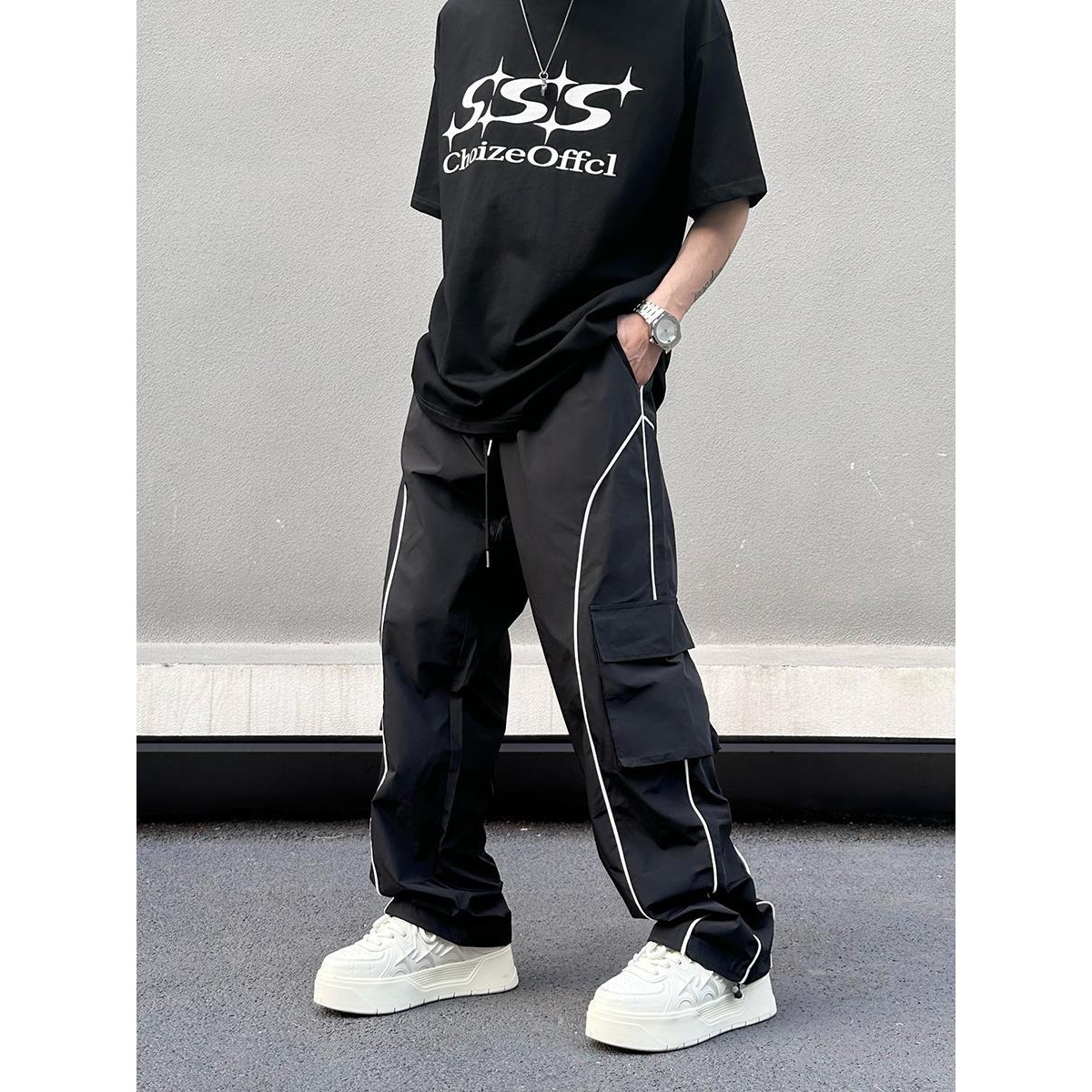 美式复古运动休闲裤男高街大口袋分割线百搭显瘦宽松直筒工装长裤