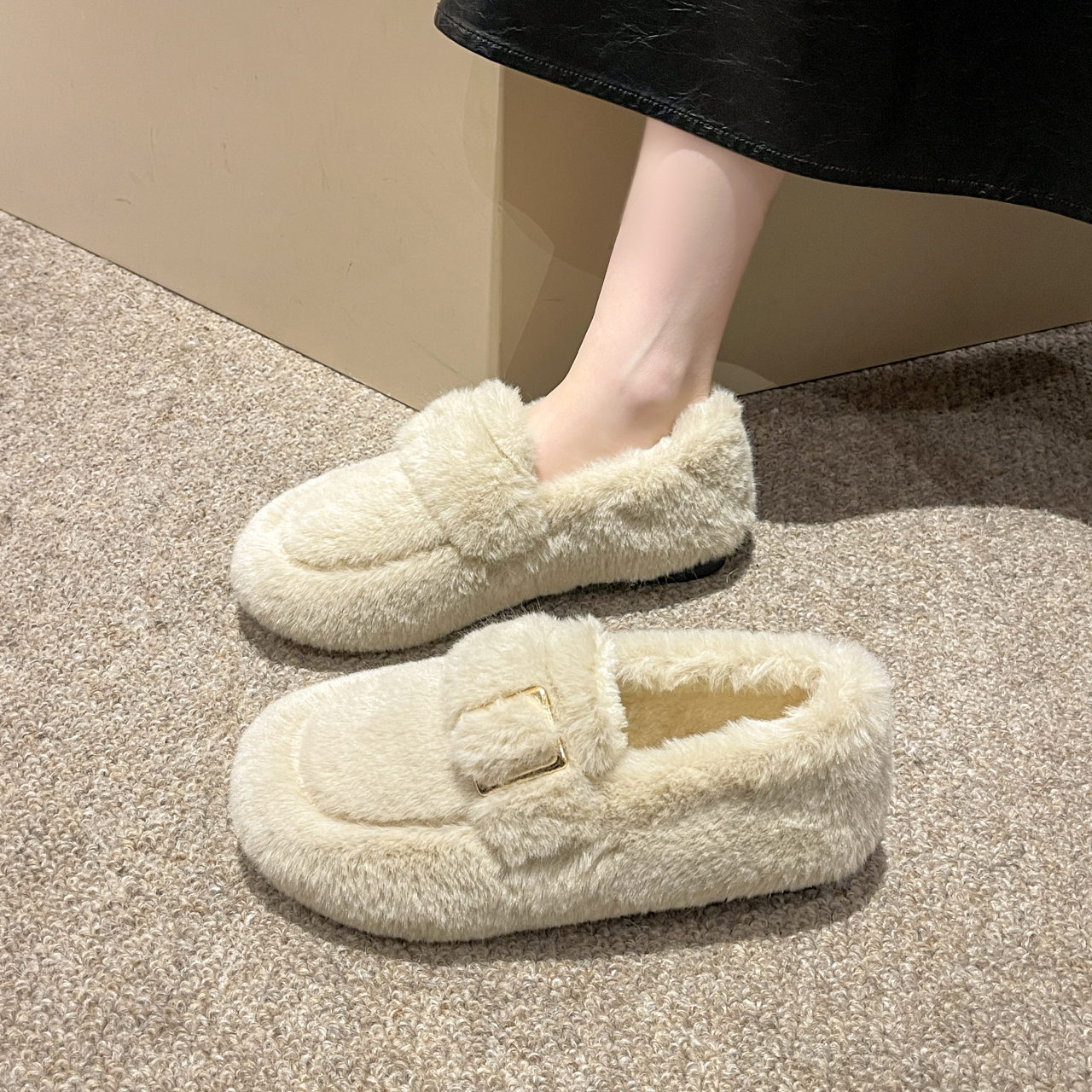 加绒毛毛鞋女外穿2023新款韩版仙女乐福鞋一脚蹬豆豆鞋女冬棉鞋子