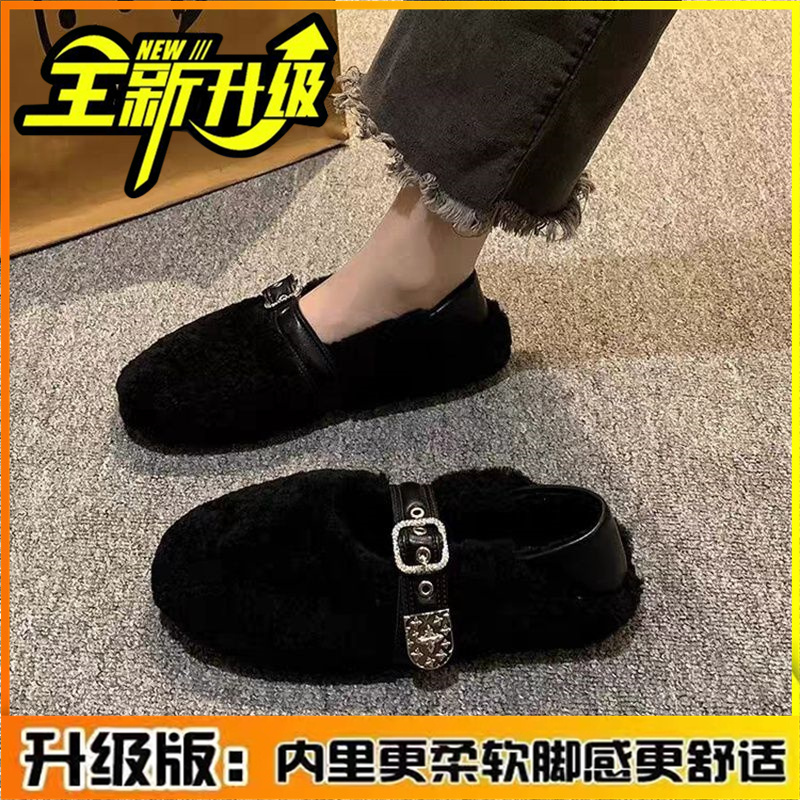 网红爆款毛毛鞋女冬外穿加绒软底一脚蹬棉瓢鞋2023新款保暖鞋子