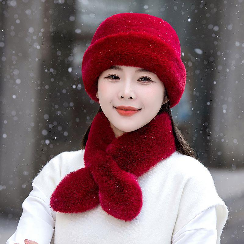 女士新款帽子围巾两件套冬天加厚保暖防风防寒护颈中老年款百搭帽