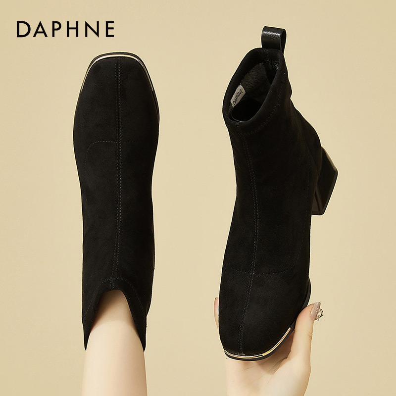 达芙妮粗跟马丁靴女新款冬季复古中跟切尔西靴加绒保暖瘦瘦靴短靴