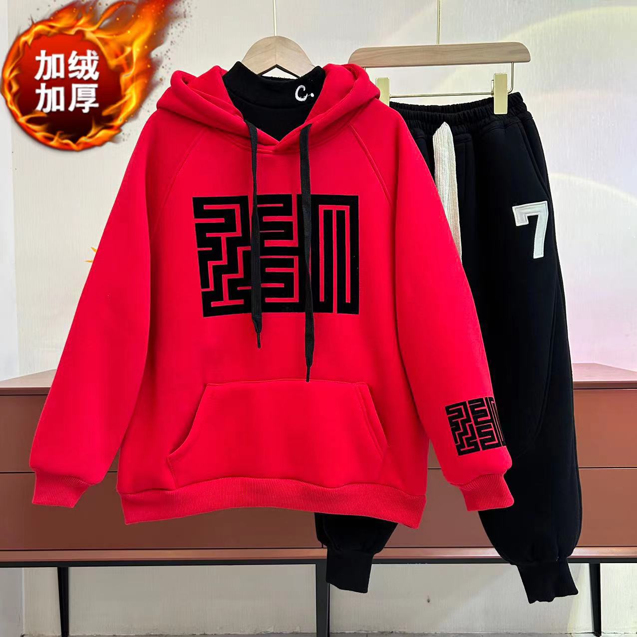 现货年服冬装男女童特厚加绒卫衣套装中大童一体糕糕绒上衣亲子装