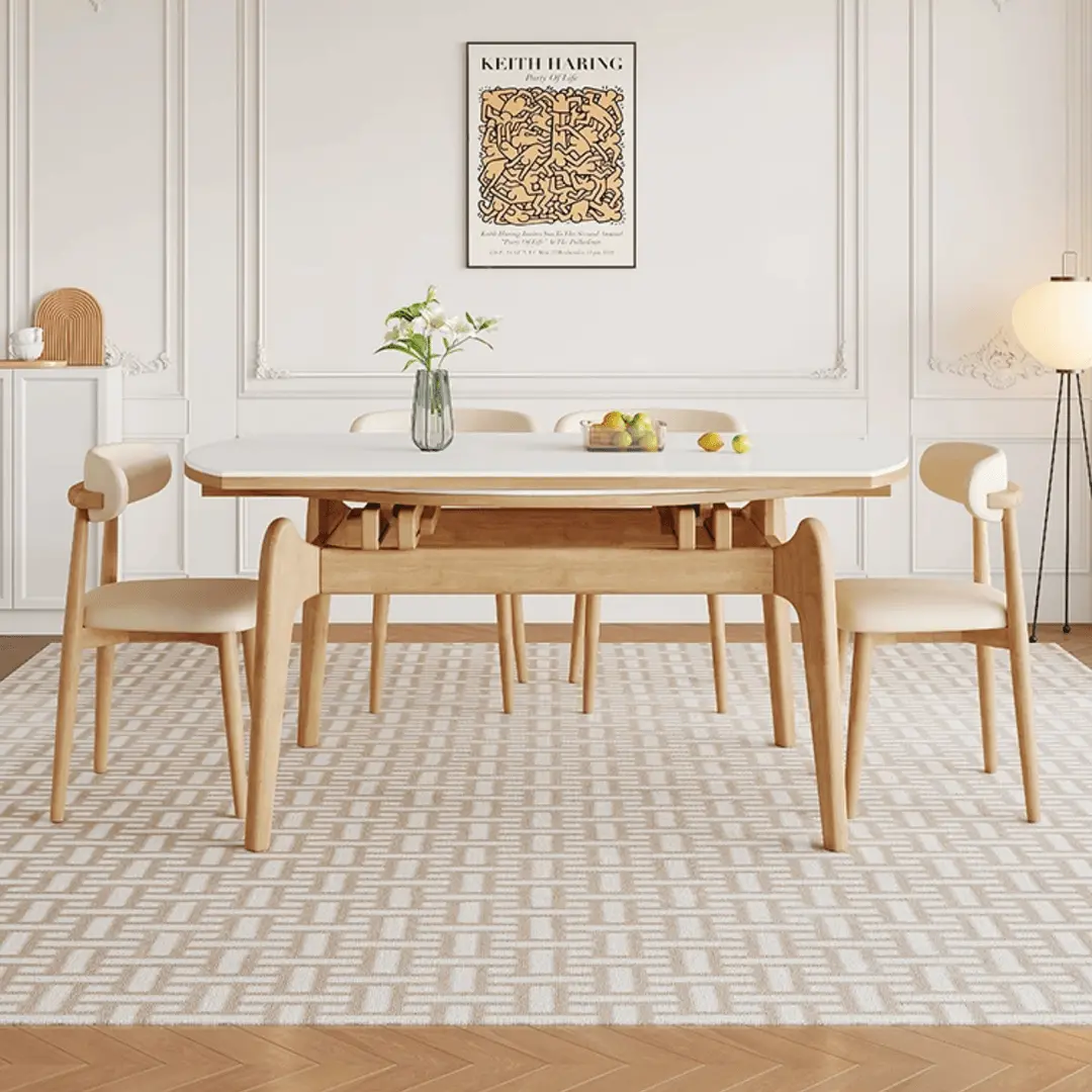 猫耳朵实木圆形伸缩餐桌现代简约家用小户型折叠餐桌椅组合吃饭桌