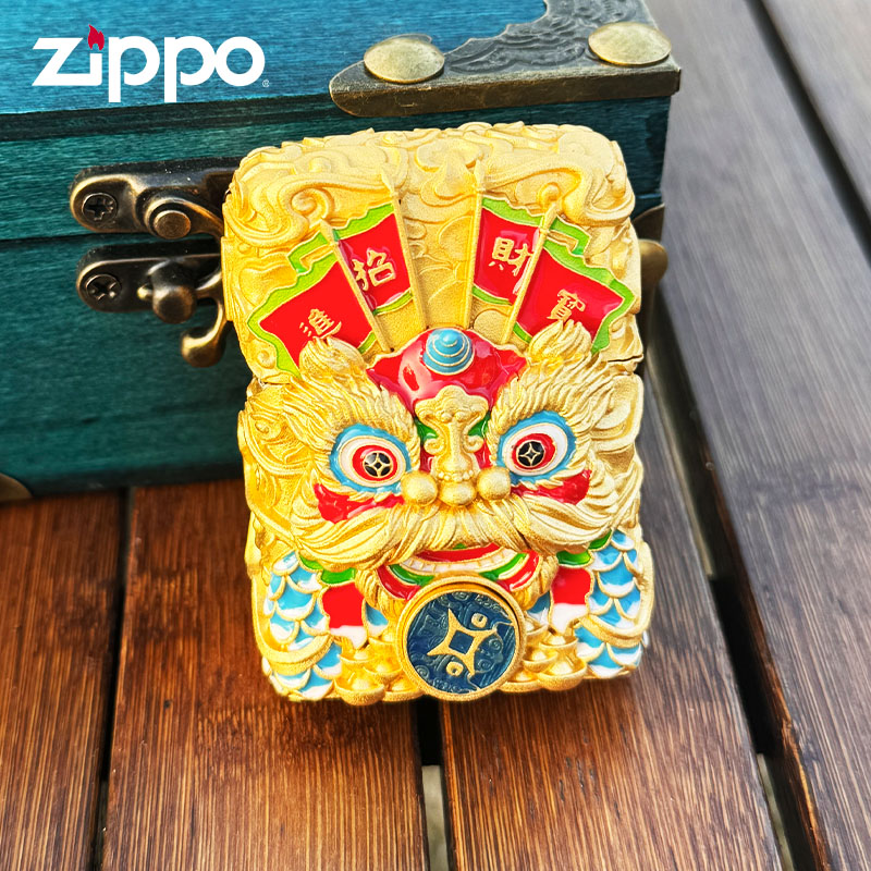 龙舞狮Zippo芝宝夜光招财进宝镀金防风送礼品打火机龙年DY9802TJ