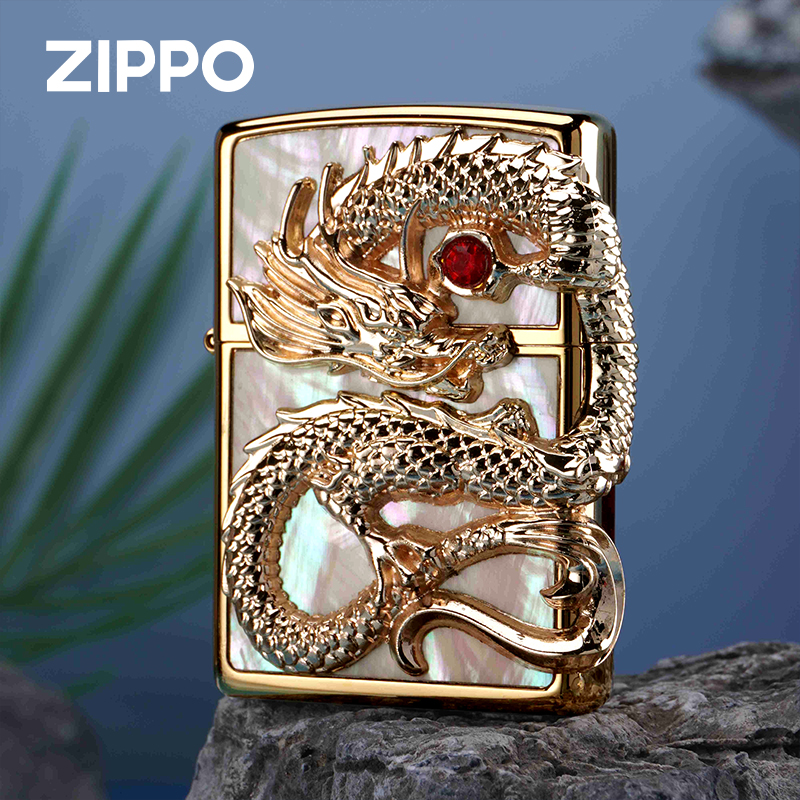 ZIPPO打火机常规镀金白色彩贝-龙腾盛世送男友个性收藏DY9902TF