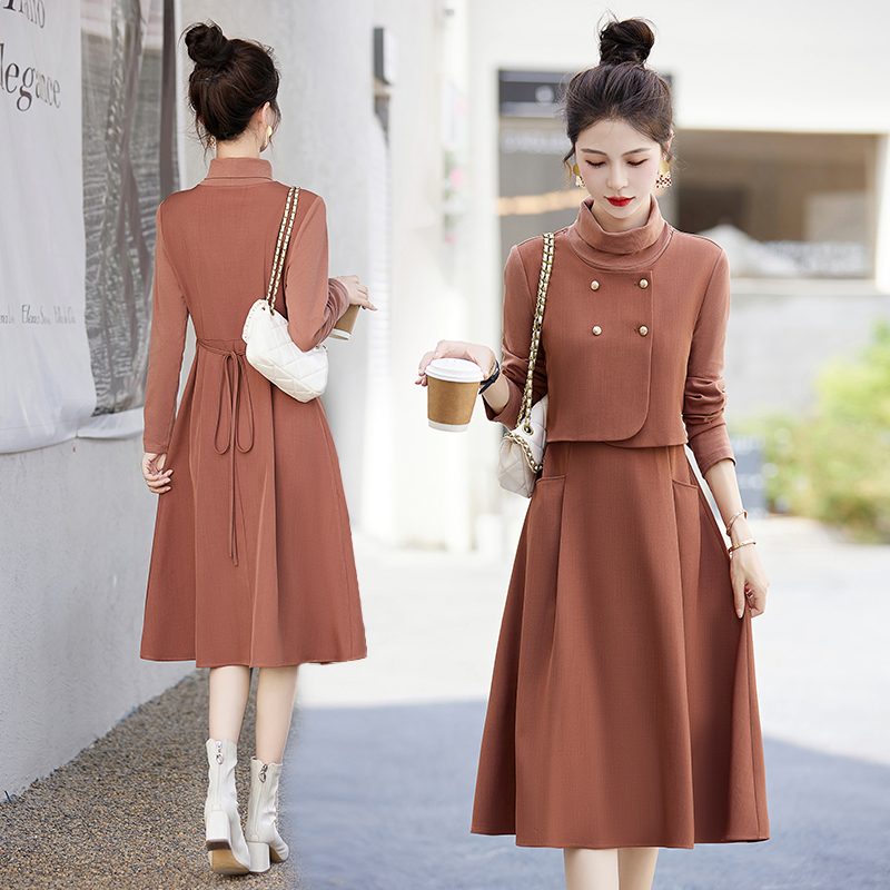 连衣裙套装显瘦气质时尚中长款秋冬长袖洋气针织打底复古收腰裙子