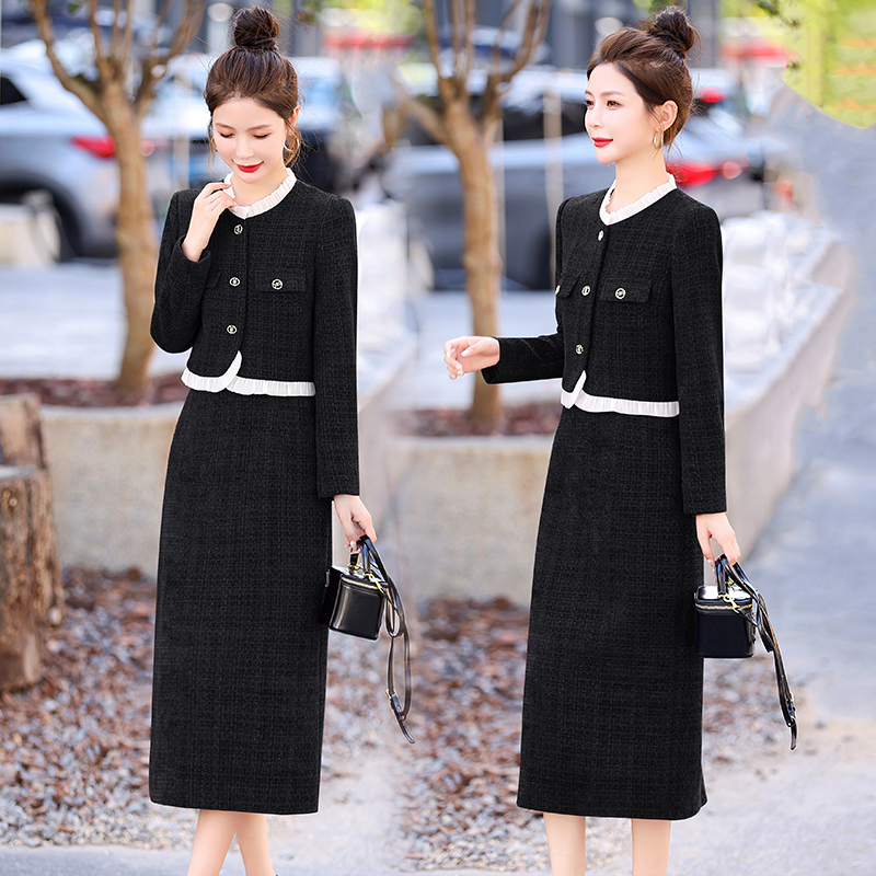连衣裙套装小香风气质时尚毛呢修身秋冬春秋显瘦长袖洋气针织修身