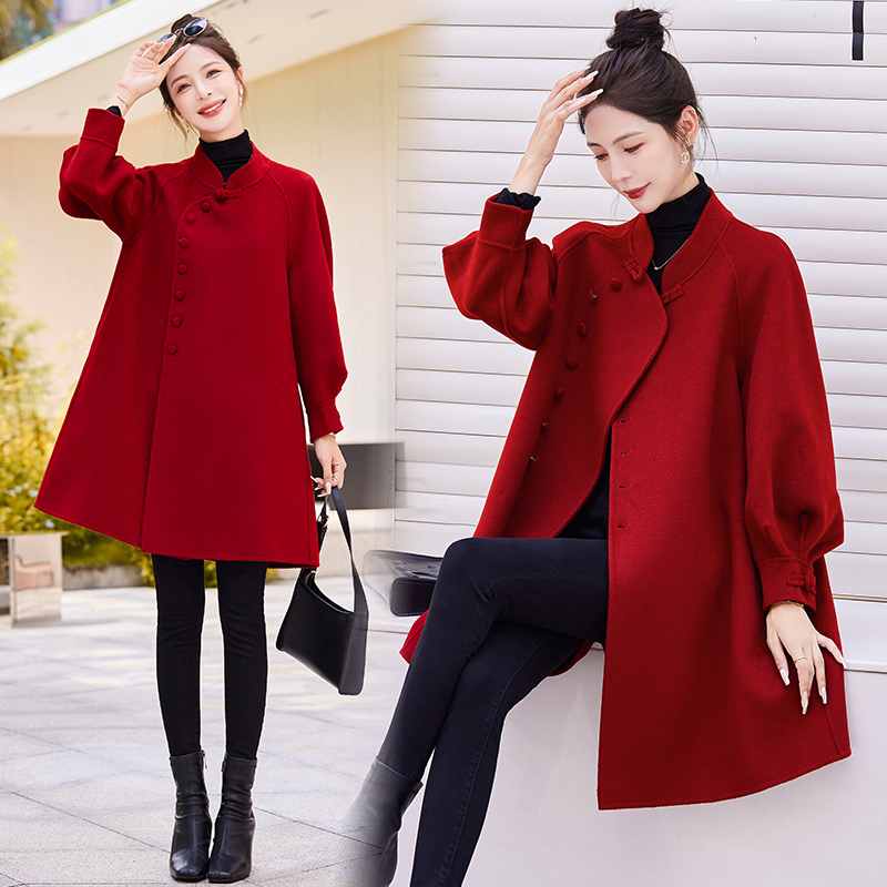 大码外套中式气质时尚红色双面毛呢秋冬大衣中长款新年洋气宽松