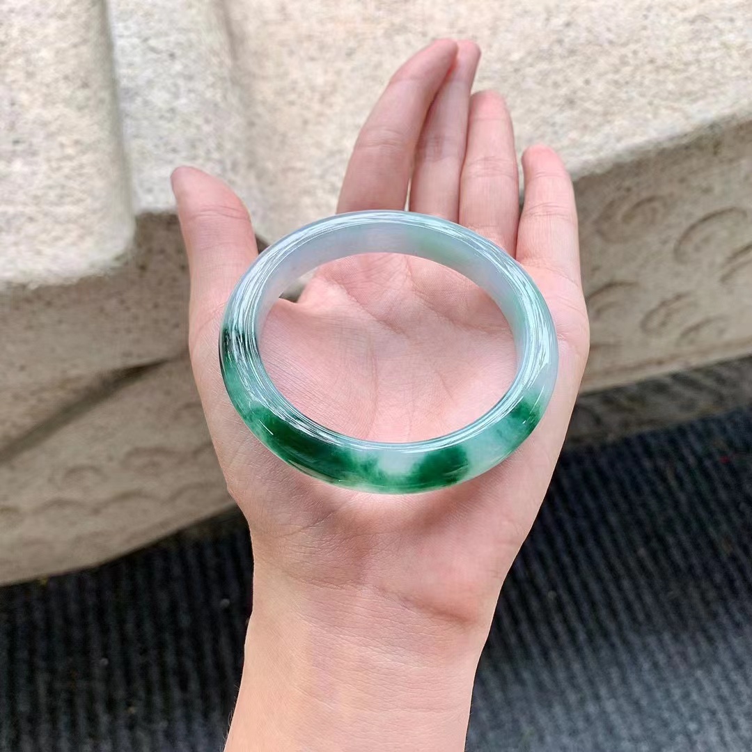 天然A货翡翠手镯 玉镯 手镯女款 玉镯子飘花手镯冰透美人镯素款