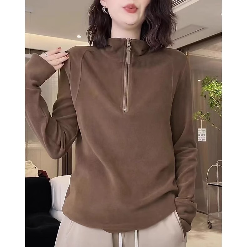 美拉德秋冬新款保暖德绒立领卫衣女高弹百搭打底衫叠穿拉链上衣潮