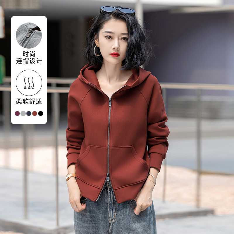 安可拉红卫衣女秋冬新款短外套双头拉链衫大码百搭空气棉连帽运动