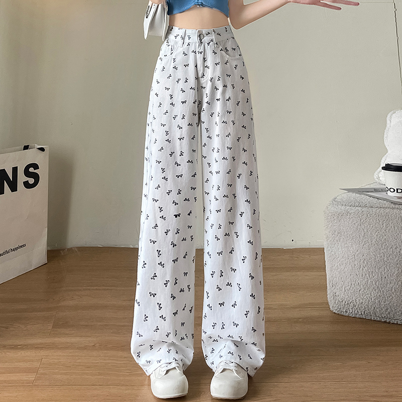 阔腿牛仔裤女夏季薄款2024年新款时尚印花设计感宽松显瘦直筒裤子