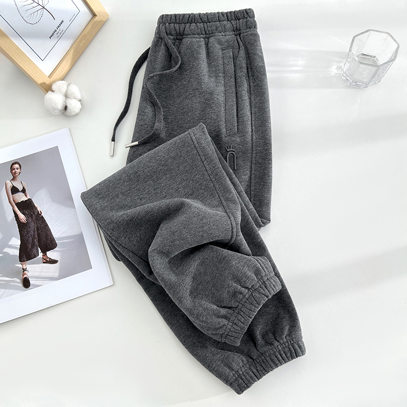 深灰纯棉运动裤女士春秋毛圈女小个子休闲裤束脚卫裤宽松加绒外穿