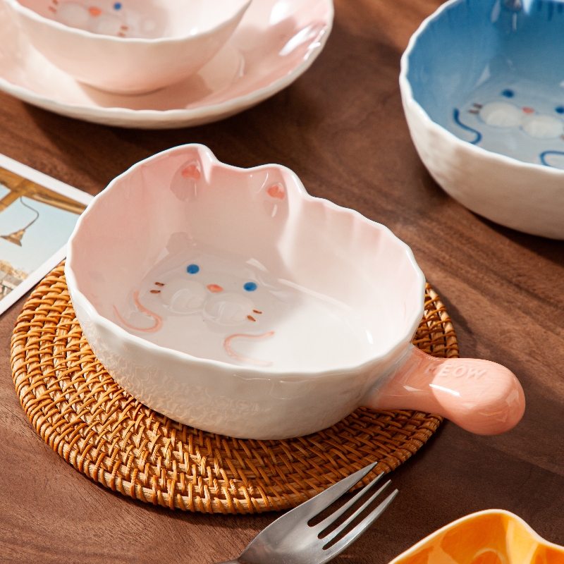 嘟嘟猫带手柄碗大号陶瓷碗可爱烘焙焗饭芝士烤碗家用高颜值釉下彩
