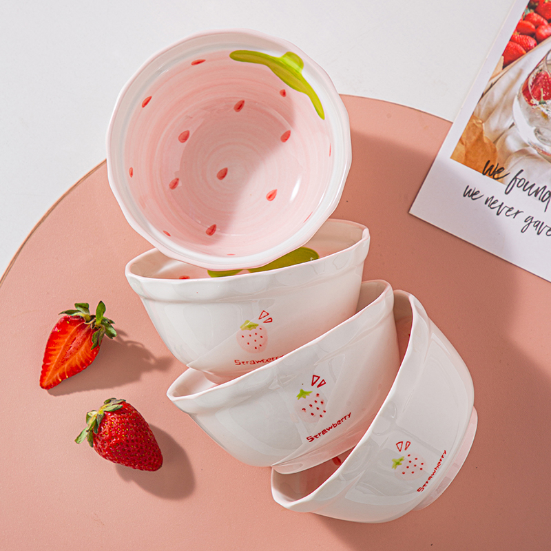 草莓陶瓷米饭碗*4个可爱高颜值吃饭碗家用餐具套装个人专用釉下彩