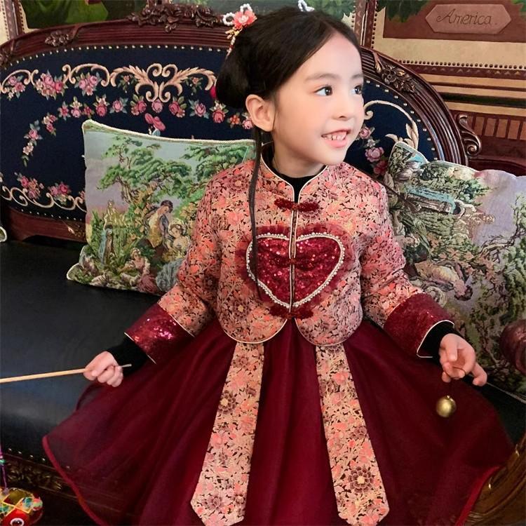 巴拉巴拉恩女童汉服套装冬季古装中国风套裙加厚儿童红色过年拜年