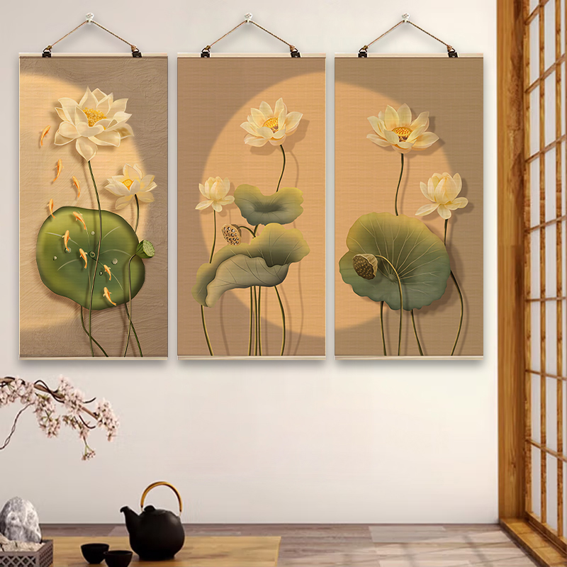 荷花三联新中式竹帘字画挂画客厅玄关过道沙发背景墙绘画传统古典
