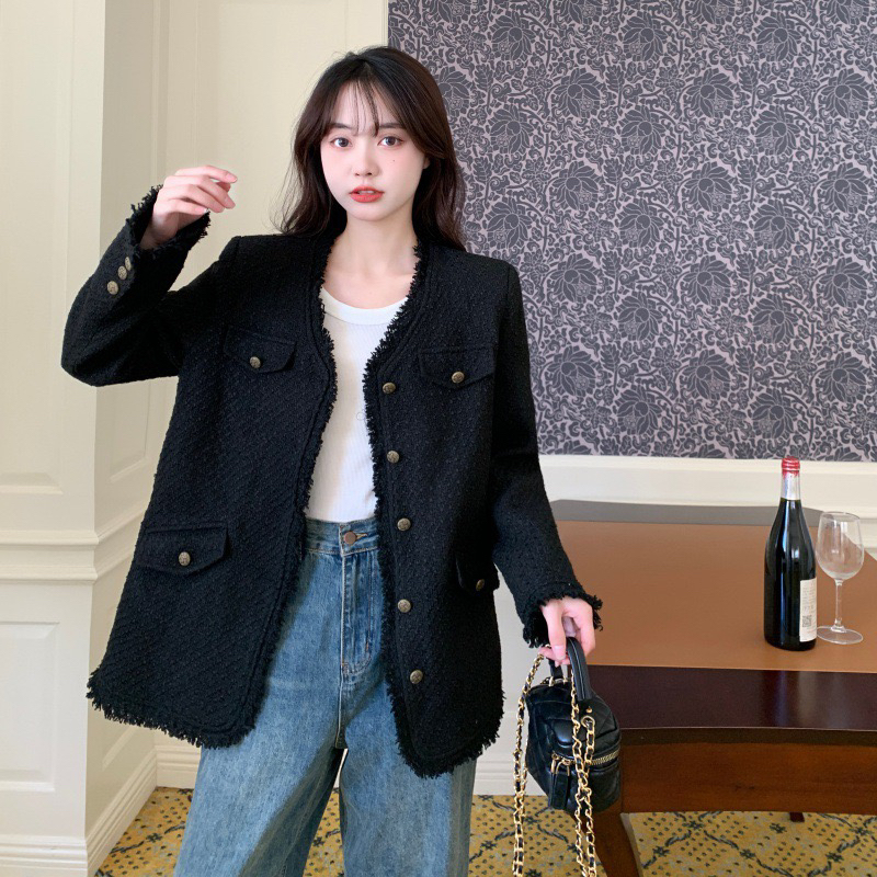 大码胖MM秋冬新款韩系宽松复古黑色小众气质小香风长短款外套