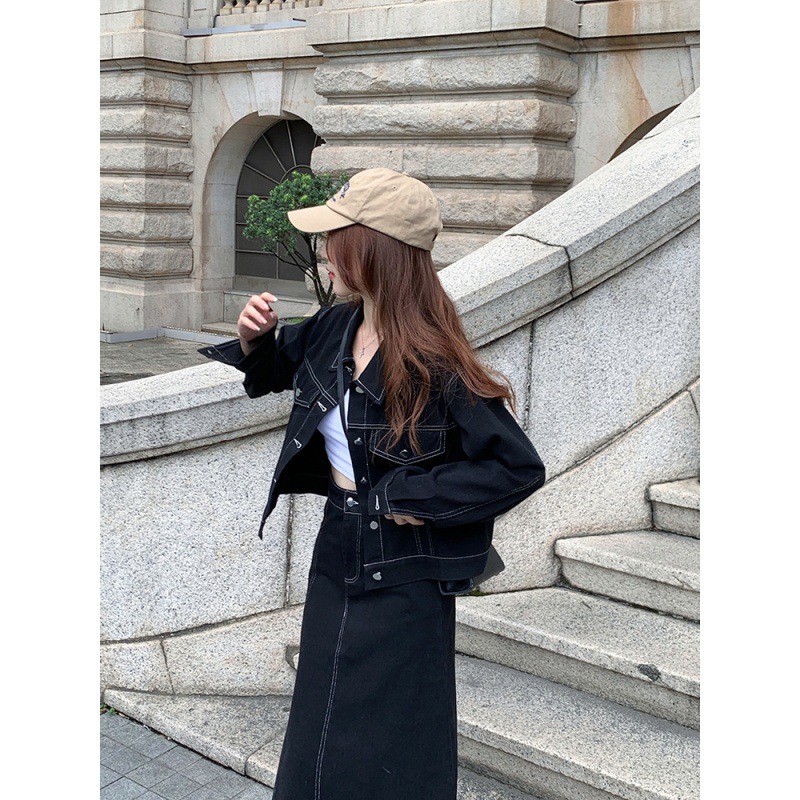秋季新款气质大码胖MM牛仔外套+长/短款半身裙甜酷时尚套装 气质